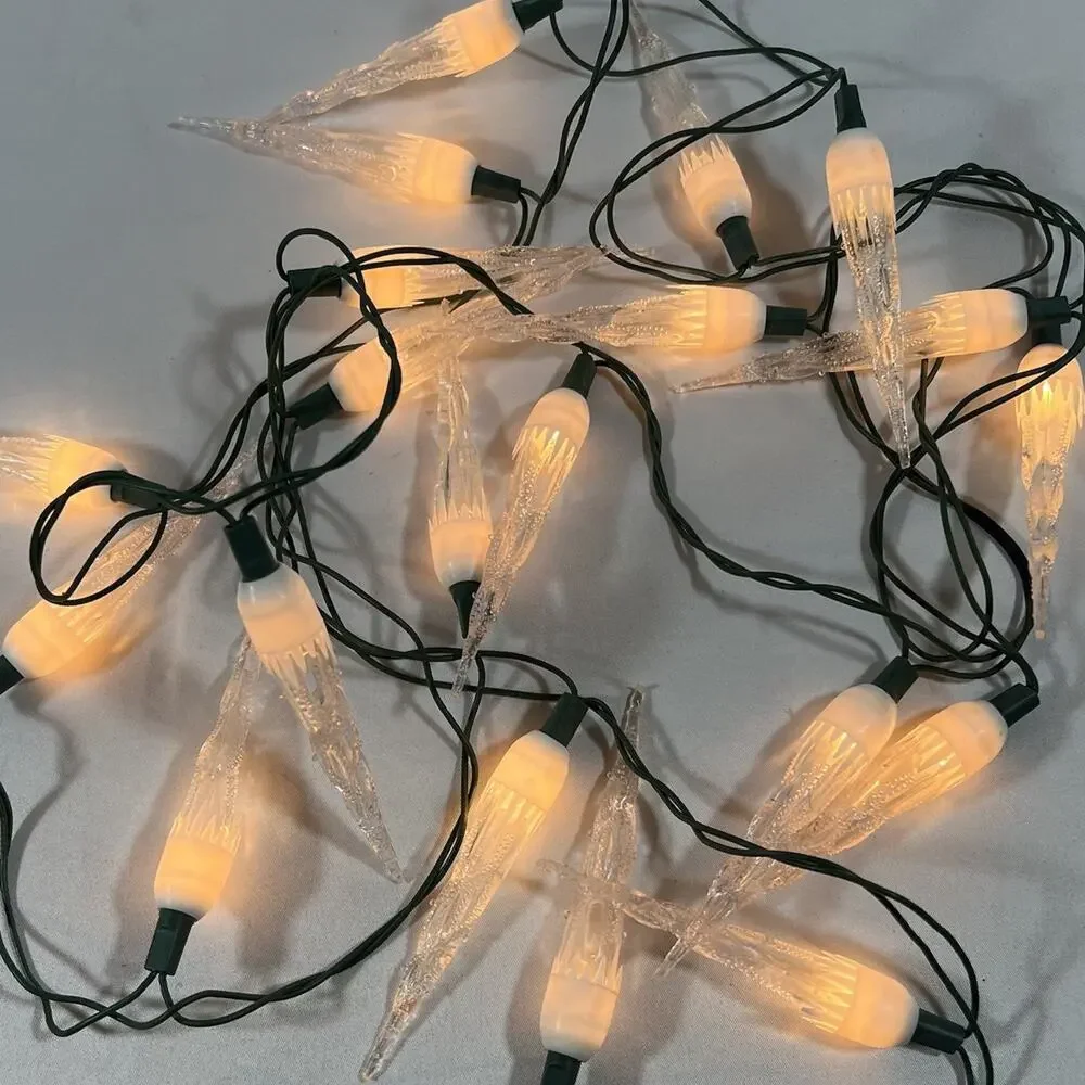 Vintage White Clear Icicle Christmas String Lights Set of 20 Green Wire Cord